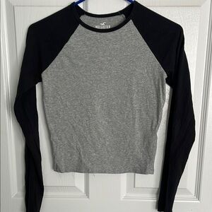 Hollister Gray and Black Fitted Crop Long Sleeve Tee